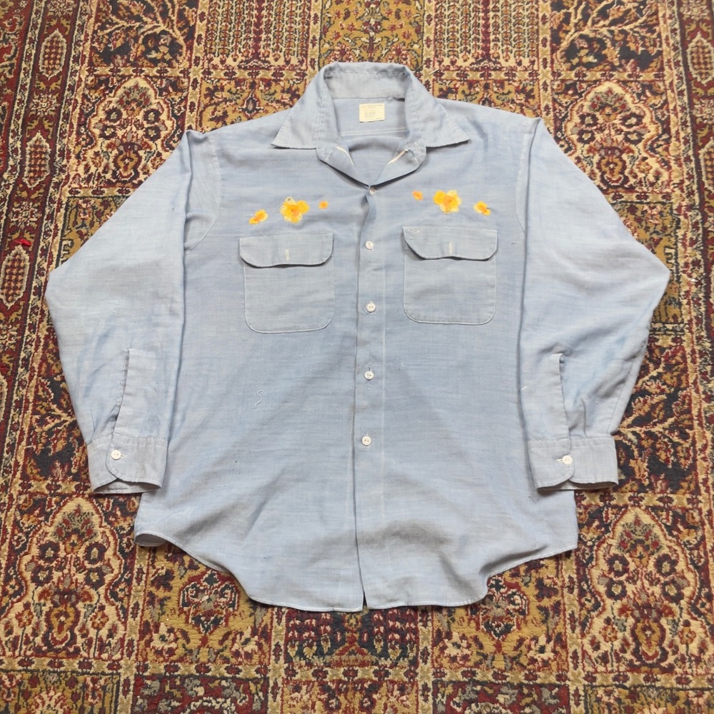 VTG 60s 70s Big Mac JCPenney Blue Selvedge Chambray Floral Work Shirt L USA